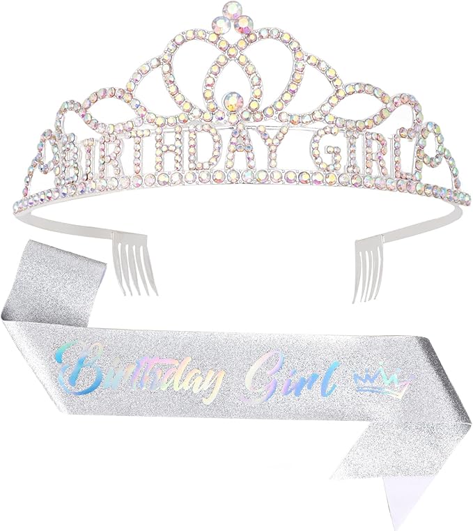 CAVETEE Birthday Headband for Women，Silver Birthday Crowns & Sash - Queen Tiara for Party
