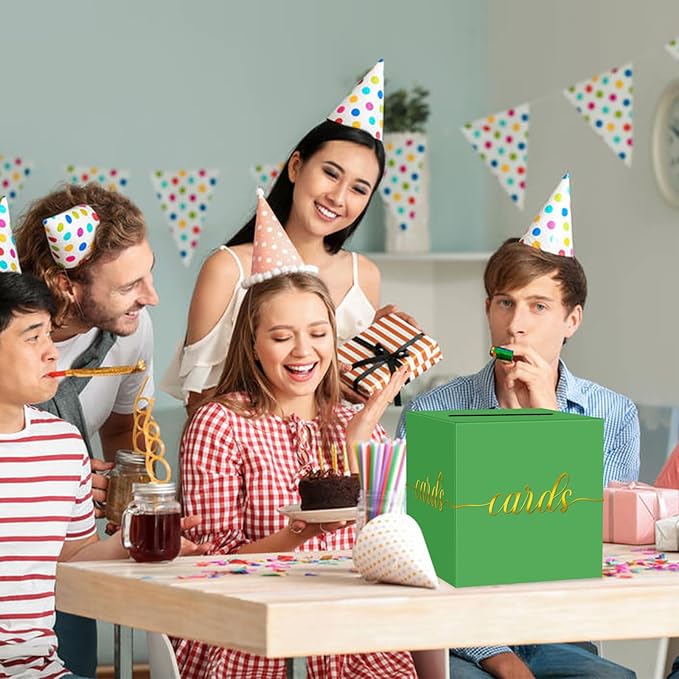 1 Pack Green and Gold Foil Card Box for Party, 8.7" Green Gift Card Box Money Box for Birthday, Wedding, Baby Shower, Retirement, Anniversary, Bridal Shower, Raffle Ticket