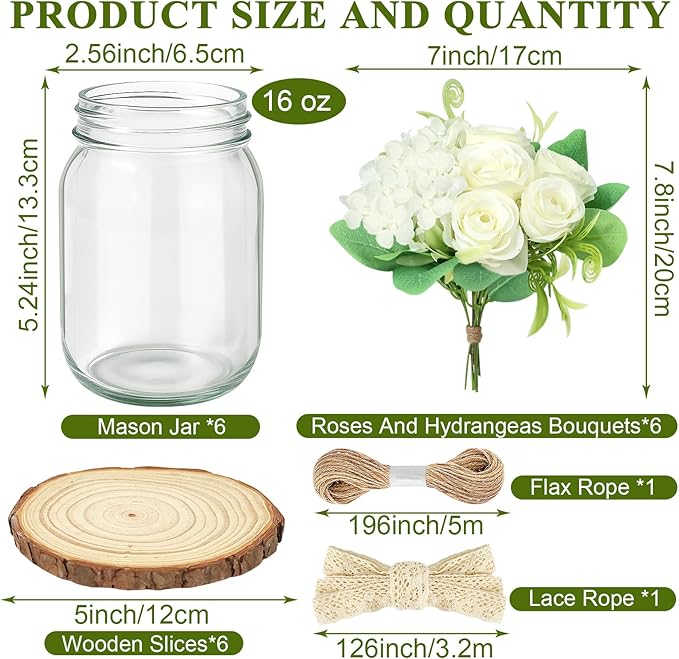 Set 10 Mason Jar Table Centerpiece - Wedding Centerpieces for Tables, Mason Jar Flower Centerpiece Vases Decor- Boho Farmhouse Rustic for Engagement, Bridal Shower, Wedding, Versatile Decor (White)