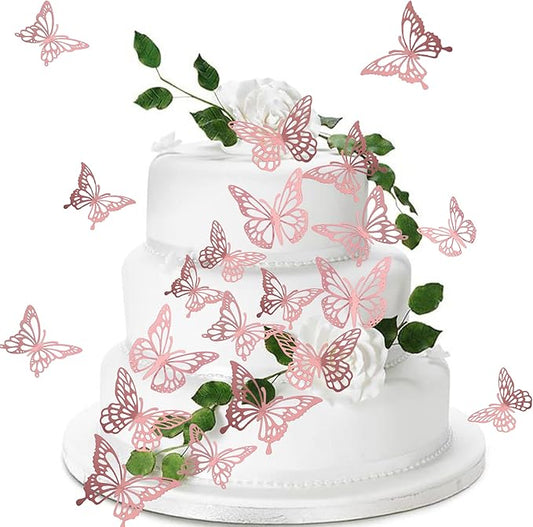 40 PCS Lively 3D Butterfly Cupcake Toppers - Laser Cut Hollow Butterfly Cake Decorations for Baby Shower, Wedding, Anniversary & Birthday Parties - Mixed Styles, Rose Gold