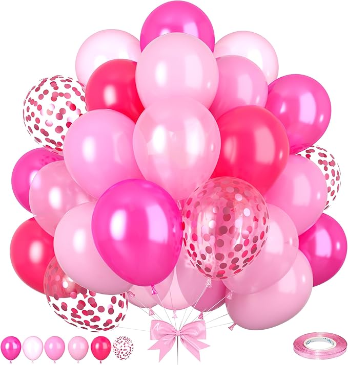 Hot Pink Balloons, 50pcs Pink Girl Balloons, Pearl Macaron Pink Balloon, Hot Pink Confetti Balloon for Girls Woman Princess Birthday Party Baby Shower Gender Reveal Wedding Bridal Shower Decor