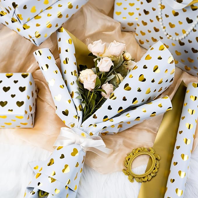 Yarcony Wedding Wrapping Paper Roll, Heart Gift Wrapping Paper, Elegant Golden Heart Design Bridal Shower Gift Wrap for Birthday, Anniversary, Engagement, Valentine's Day (17 Inch X 33 Feet)