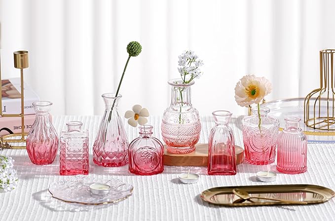 Bud Vases Set of 12,Glass Bud Vases in Bulk,Small Flower Vases for Centerpieces,Mini Vintage Vase for Wedding, Home Table Decor,Christmas,Party Decoration,Pink