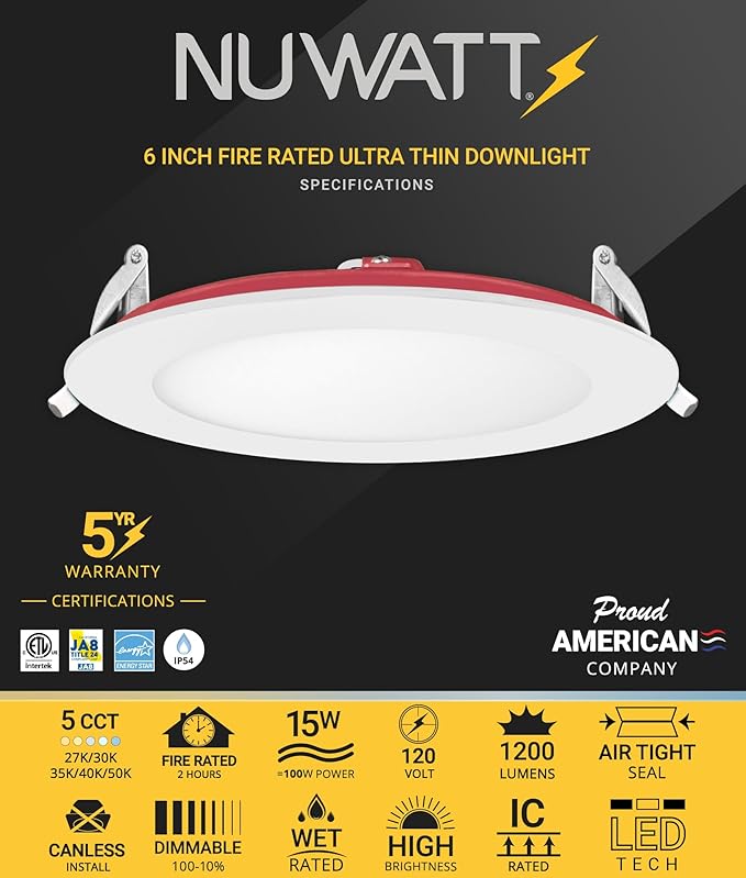NUWATT 12 Pack 6 Inch 2 Hour FIRE Rated LED Recessed Lighting, 2700K/3000K/3500K/4000K/5000K Selectable, 1200 Lumens Dimmable, Wet & IC Rated Ultra Thin Canless LED Wafer Lights, No Fire Cone Needed