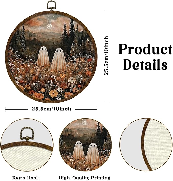 Funny Halloween Ghost Round Wall Art,Gothic Canvas Wall Hanging Decor, Spooky Farmhouse Vintage Round Wall Art for Bedroom Living Room Entryway, Rustic Ghost Gothic Wall Decor,Gift for Halloween 10x10Inch (Orange-Ghost02)