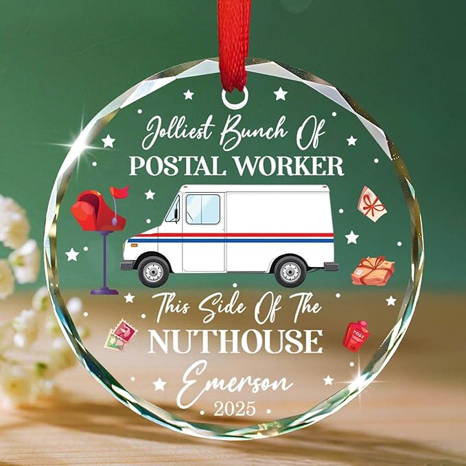 Jolliest Bunch of Postal Worker Christmas Ornaments, Gifts for Mail Carrier Service, Personalized Mail Truck Glass Ornament for Xmas Tree Decor, Postman Mailman Christmas Ornament Custom Name