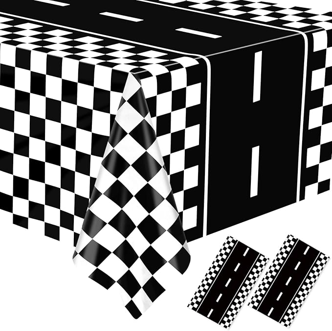 WNINK 2 Pack Race Car Table Cloth Black and White Gingham Tablecloths Disposable Plastic Buffalo Check Tablecloth Checkered Flag Covers for Birthday, Outdoor Picnic, Birthday, Camping 54 × 108 Inch