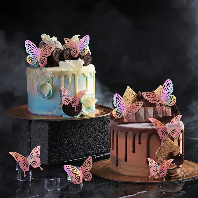 Laser Rose Gold Butterfly Wall Decor, 48Pcs Removable Graduation Grad Cap Decorations Cake Cupcake Toppers, 2 Styles 3 Sizes Paper Butterflies Stickers for Birtthday Party Baby Shower Girl Room Decals