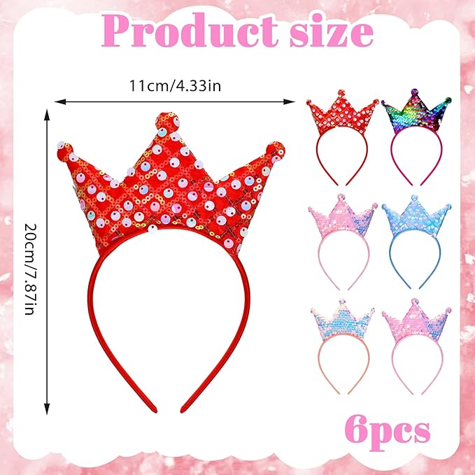 6 PCS Princess Crown Headband,Sequins Crowns Headband,Glitter Headbands Crown Party Favors Glitter Tiara Set for Little Girls & Teens Birthday & Halloween Christmas Party Gifts