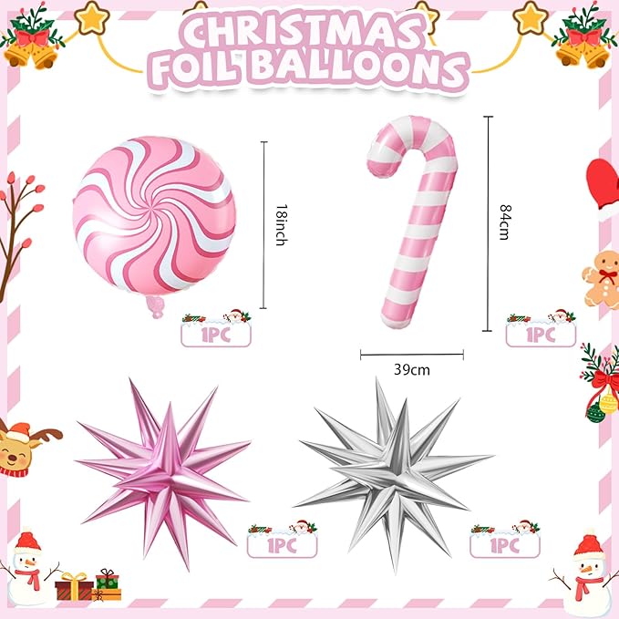 Christmas Balloon Arch Kit, Pink and White Silver Balloons Garland Arch with Double Pearl White Pink Balloons, Candy Cane Windmill Star foil Balloon for Christmas New Year Winter Decorations