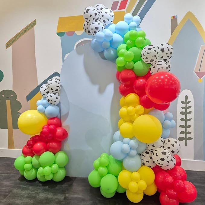 Red Yellow Blue Balloons,12 Inch Cow Print Sky Blue Cloud Balloons and Red Blue Yellow Green Confetti Balloon for Boys GirlsThemed Birthday Party Decorations