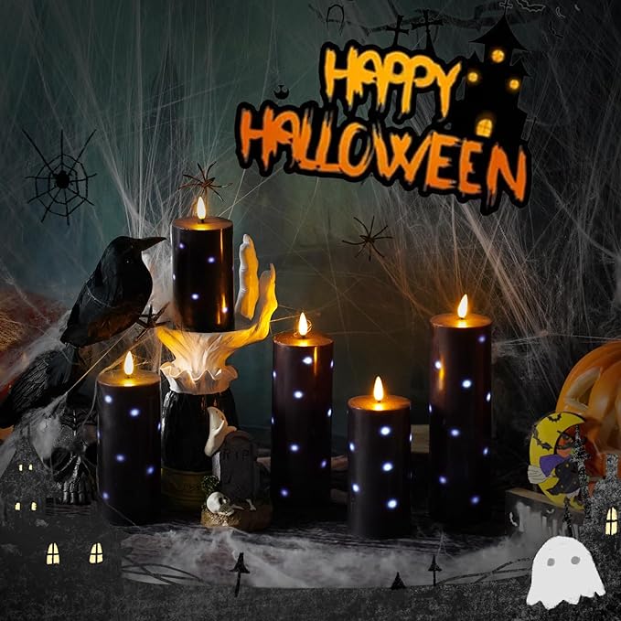 Flickering Flameless Candles with Remote Control and Timer Set of 5 Pc Real Wax LED Pillar Candles, Battery Operated Candles（D2.2×H5/5.5"/6"/7"/8"） Halloween Decorations Home Decor （Black）