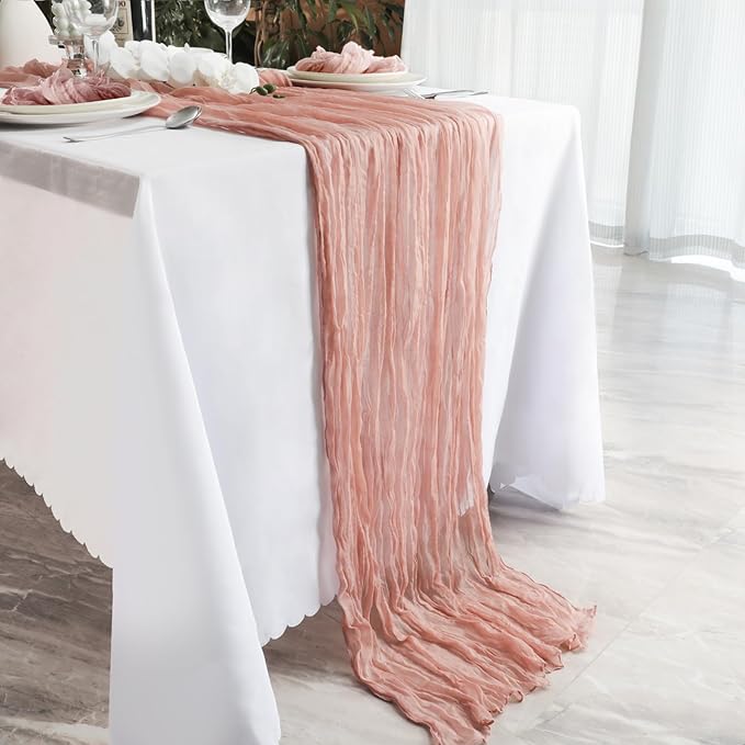 NESCCI 2 PCS Dusty Pink Table Runner,Rustic Boho Cheesecloth Table Runner,35x120 Inches Runners for Tables, Pefect for Mothers Day Wedding Baby Shower Birthday Party Home Decorations