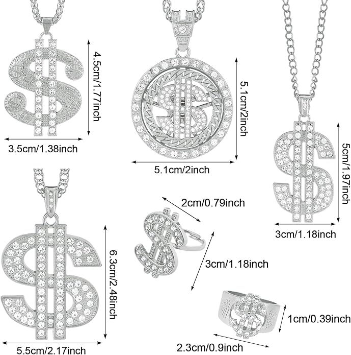 6 Pack Fake Gold-Colored Dollar Sign Chain Necklace Ring for 80s 90s Hip Hop Costumes Outfit, Rapper Jewelry for Men Women
