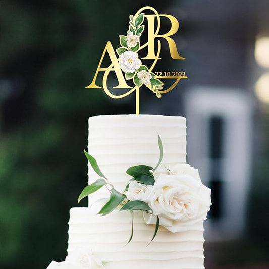 Personalized Wedding Cake Topper in Acrylic Custom Initials & Date Wedding Cake Decoration Printed with Flowers & Green Leaves