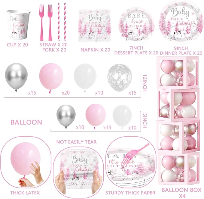Baby Its Cold Outside Baby Shower Decorations,Pink Winter Wonderland Baby Shower Decorations Plates Napkins Cup Backdrop Banner Swirls Tablecloth Balloons Box for Girl Winter baby shower Decorations