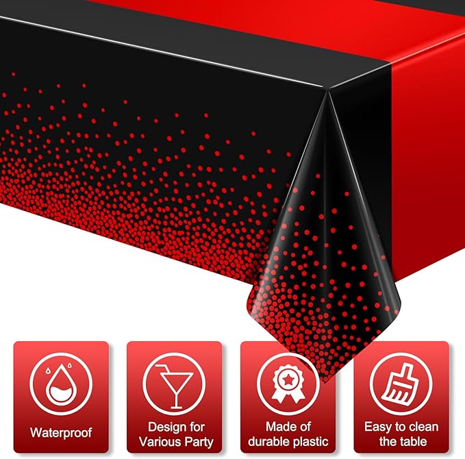 MASHAN 3Pcs Black and Red Tablecloth Party Decorations,Plastic Black Table Cloth Printed Red Table Runner Disposable Rectangle Cover for Birthday Weeding Anniversary Graduation Party,54 x108 Inch