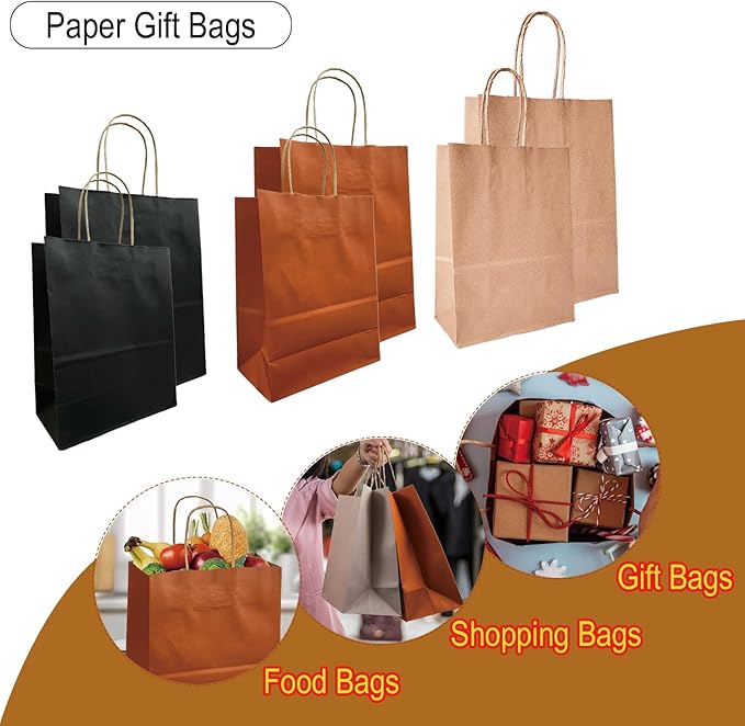 BAG BOX 25 Pack 8.25x4.3x10.6 Inch Orange Gift Bags with Handles,Bulk Kraft Paper Bags for Shopping, Retail, Merchandise, Wedding, Party Favors, Paper Grocery Sacks