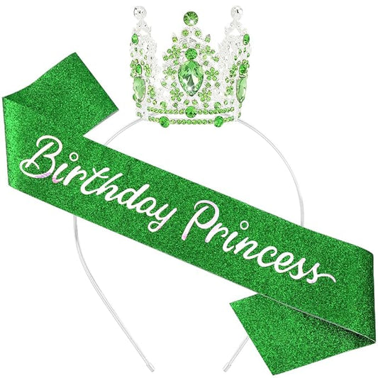 AOPRIE Birthday Princess Sash for Women Tiara & Crowns Headbands for Girls Happy Birthday Party Accessories Favor Supllies Leona Silver Pink Green, 2 Pack