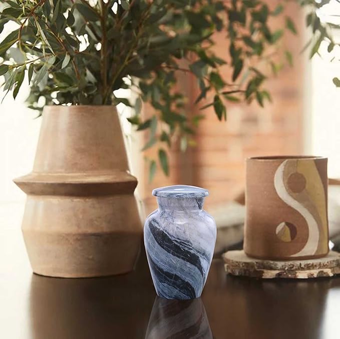 Small Keepsake Cremation Urns for Human Ashes - Marble Finish Metal Keepsake Urn - Mini Cremation Urn for Pet Ashes - Handcrafted Memorial Urn - Funeral Urns with Velvet Bag (Silver Wave)