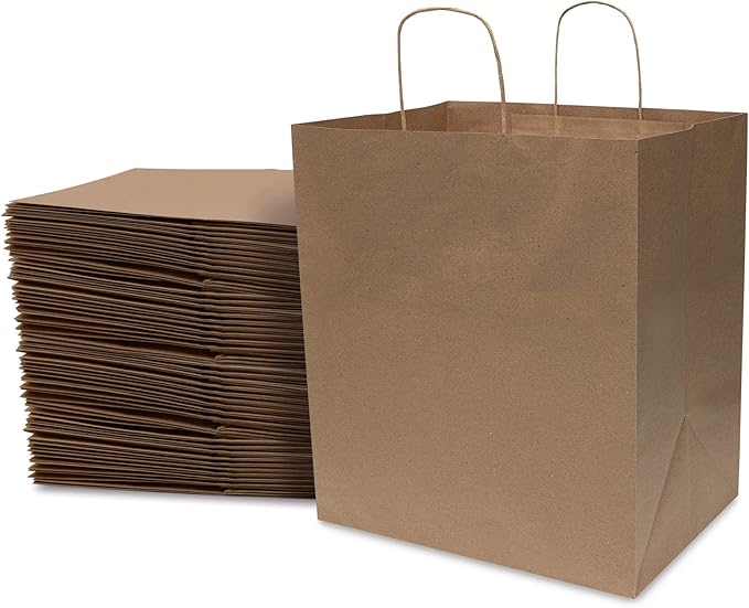 Prime Line Packaging Brown Paper Bags, Kraft Shopping Bags with Handles for Small Business, Restaurants, Takeout, Delivery, Bulk, 14x10x16.5, 50 Pack