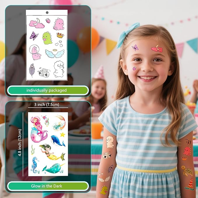 150+ Glow Kids Temporary Tattoos for Girls – Individually Wrapped, Waterproof, Glow in the Dark – Mermaid, Unicorn, Princess, Fairy, Ocean & Butterfly Themes