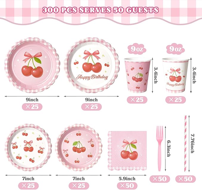 300 Pcs Cherry Plates and Napkins Tableware Set (Serves 50), Plates Napkins Cups Straws and Forks Sets, Cherry Party Birthday Supplies, Tropical Baby Shower Birthday Bridal Party Decorations