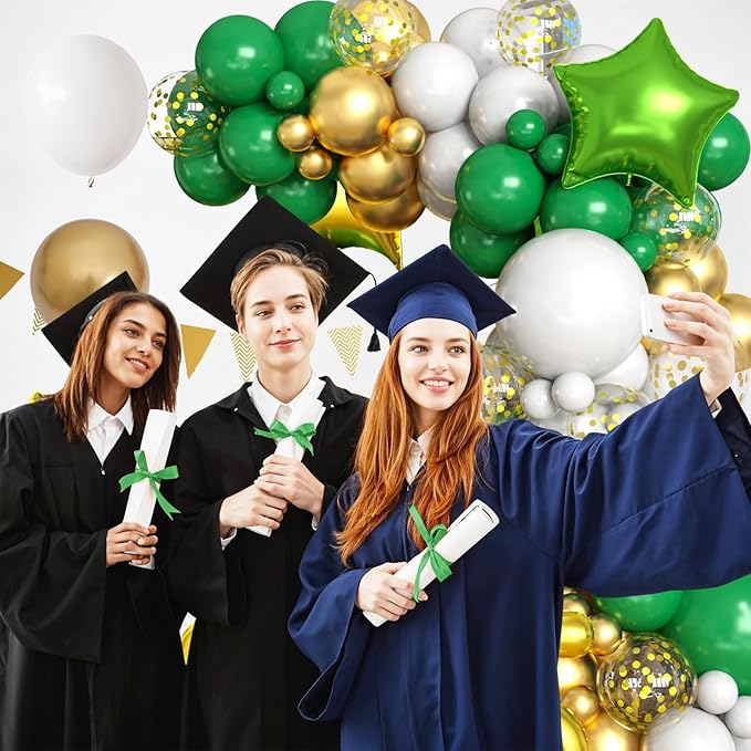 Green Gold White Balloons Arch Kit with Star Balloon Pennant Flag Bunting 2025 Foil Balloon Banner Green Gold Confetti Balloons Garland for Class of 2025 Graduation Theme Birthday Party Supplies