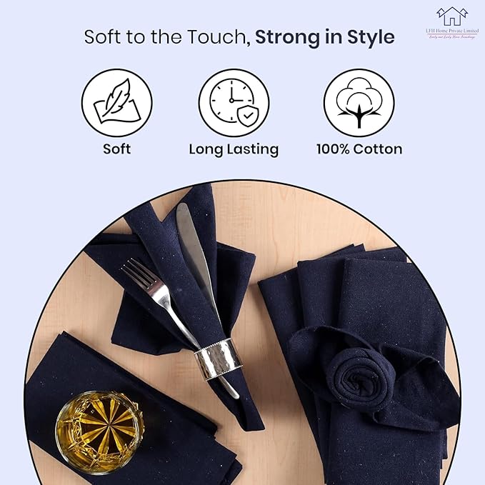 LFH Home Cotton Rich Metered Napkins for Dining Table Set of 12, Elegant Cloth Napkins for Wedding Party or Everyday Use Machine Washable Durable Reusable and Soft for Hosting 18x18 Inch - Navy