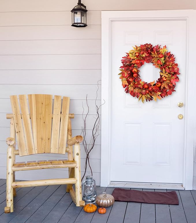 Briful 24 Inch Fall Wreaths for Front Door Artificial Autumn Maple Leaf Wreath with Red Berries & Pomegranate Outdoor Fake Hanging Wreath for Harvest Thanksgiving Home Mantle Window Porch Decor