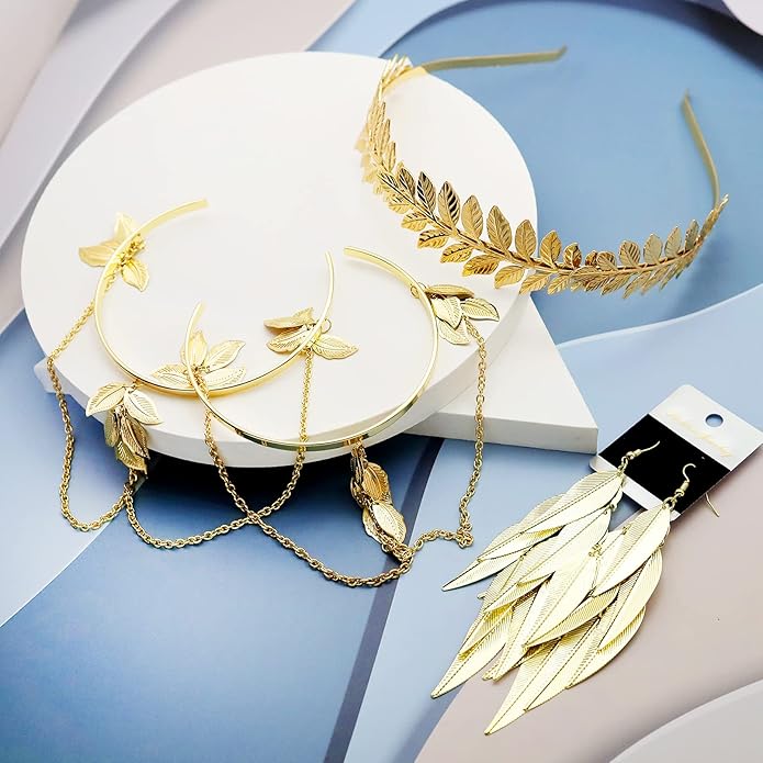 RechicGu 4 Pieces Grecian Goddess Leaf Laurel Costume Accessories Set Roman Toga Party Headband Upper Arm cuff Bracelet Band Earrings Jewelry Women Golden