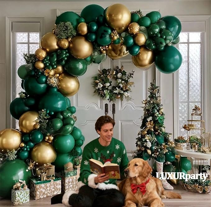 Emerald Green Gold Balloons Garland Double Stuffed Dark Green Gold Balloons Hunter Forest Metallic Arch Kit for Birthday Christmas New Year Baby Shower Jungle Party Decorations