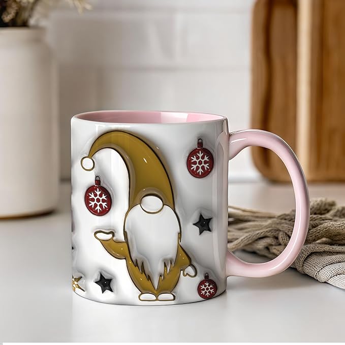 Less People More Gnomes Funny Christmas Inflated 3D Wrap Mugs, Two-Tone Accent Ceramic Coffee Drinking Cups, 11oz 15oz