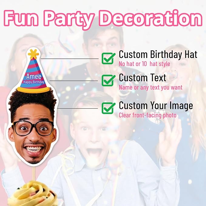 6 Pcs Custom Face Photo Cupcake Toppers | Unique Party Picks for Birthday Parties, Weddings, Events, and Celebrations | Photo Dessert Treat Decorations
