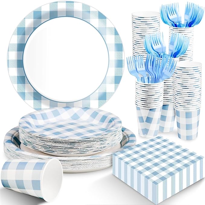 Blue Gingham Plates and Napkins Party Supplies, Blue and White Disposable Tableware Set, Checkered Plaid Paper Plates for Birthday Family Dinner Picnic Barbecue Baby Shower Decor Serves 25