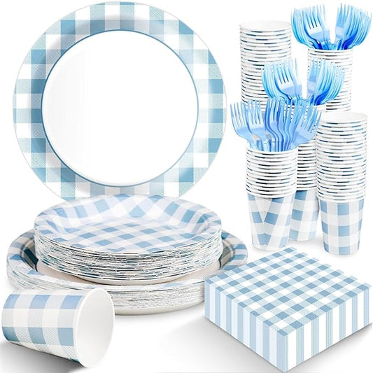 Blue Gingham Plates and Napkins Party Supplies, Blue and White Disposable Tableware Set, Checkered Plaid Paper Plates for Birthday Family Dinner Picnic Barbecue Baby Shower Decor Serves 25