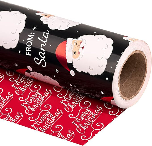 WRAPAHOLIC 30 Inch Jumbo Reversible Vintage Christmas Wrapping Paper - 30 Inch x 100 Feet Jumbo Roll Black Jolly Santa Wrapping Paper and Red Merry Christmas Design with Metallic Foil Shine for Holiday, Party