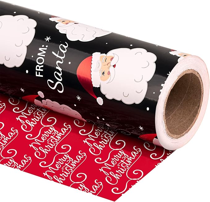 WRAPAHOLIC Reversible Vintage Christmas Wrapping Paper - Mini Roll - 17 Inch x 33 Feet - Black Jolly Santa Wrapping Paper and Red Merry Christmas Design with Metallic Foil Shine for Holiday, Party