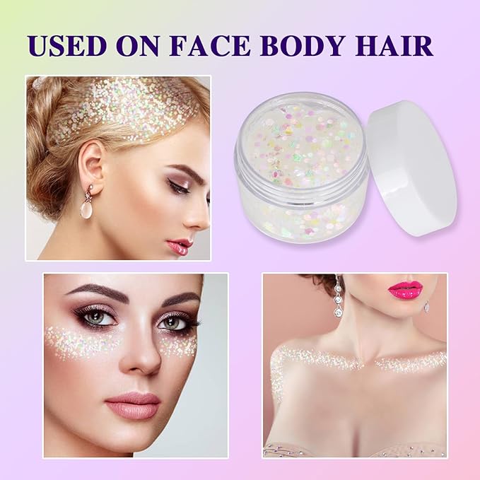 White Face Glitter Gel,Singer Concerts Festival Rave Accessories,Mermaid Body Glitter,Carnival Halloween Hair Glitter Sequins Face Glitter Paint Makeup,Sparkling Chunky for Women&Kids