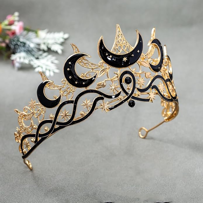 Gothic Black Moon Star Tiara Crown for Women Girls, Retro Celestial Witch Headpiece with Crescent Moon and Stars, Costume Cosplay Halloween Party Prom Wedding Birthday Accessories
