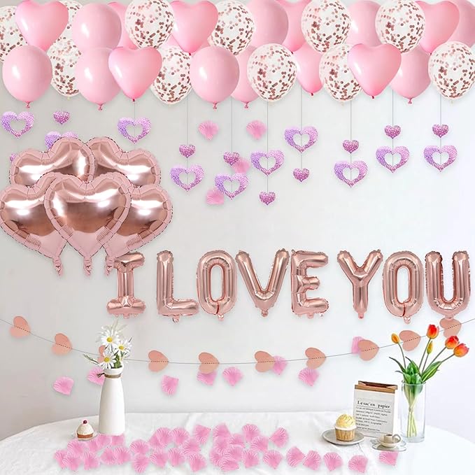 Valentine's Day Decorations 2 Set Rose Gold I LOVE YOU Balloons - 1200pcs Pink Artificial Rose Petals 16" Letter Balloons 18" Heart Foil Latex balloons 10 heart balloons Hanging Swirls Heart Banner