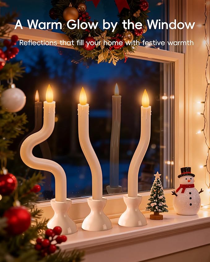COOLWUFAN Window Candles with Remote Timer, 3 Pcs Flameless Taper Candles Battery Operated with White Holder, Realistic LED Flickering Flame Dripless, Christmas Decorations Indoor for Home Party Fall