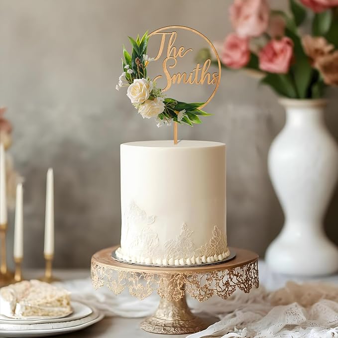 3D Flowers Wedding Cake Topper Custom Last Name Wedding Cake Decoration in Wood with 3D Artificial Roses (Oak)