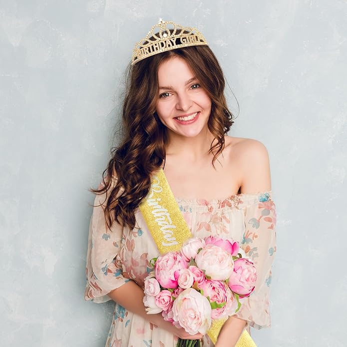 CAVETEE Birthday Crown for Women，Gold Birthday Girl Crowns & Sash - Girl Tiara for Party