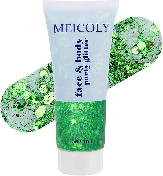 MEICOLY Green Face Body Glitter,Christmas Face Glitter Stocking Stuffers,Green Accessories for Spirit Week Alien Costume,Face Paint Glitter Makeup for Halloween Festival Rave Outfits