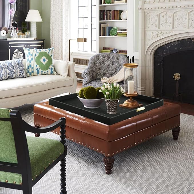 HofferRuffer Extra Large Square Serving Tray, Elegant Faux Leather Ottoman Tray with Gold Hardware Handles, Serve Tea, Coffee or Breakfast in Bed, 23.6 x 23.6 inches, Black Large Square