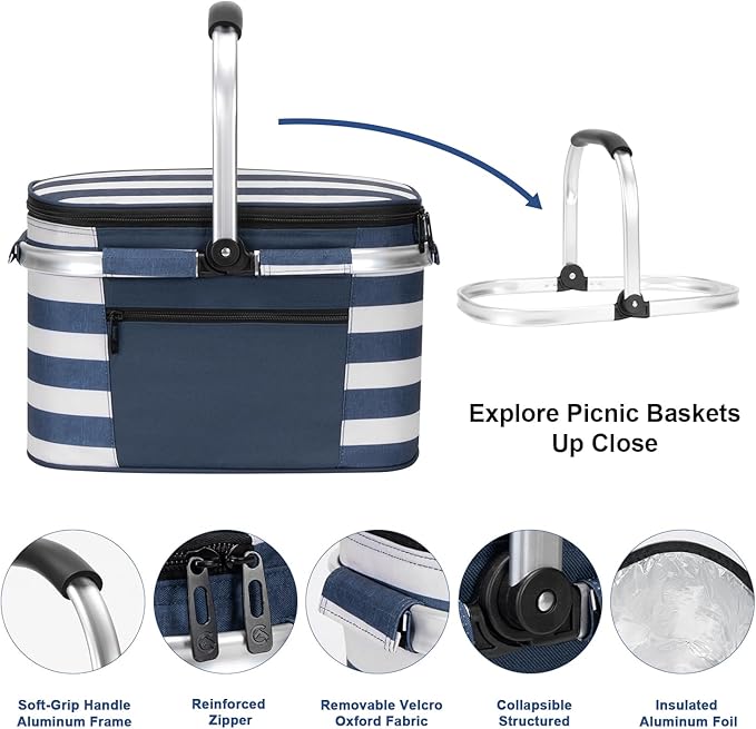 ALLCAMP Picnic Basket - Insulated Cooler, Thickening Foldable Picnic Basket with Removable Baskets & Sewn-in Frame, Basket for House Warming Gifts New Home(Blue and White)