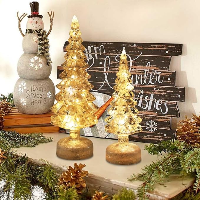 YEAHOME Christmas Decorations Indoor, Set of 2 Glass Christmas Trees with Lights for Home Decor, Christmas Table Decorations Xmas Tree with Timer for Living Room Fireplace Mantel Tabletop Party Decor