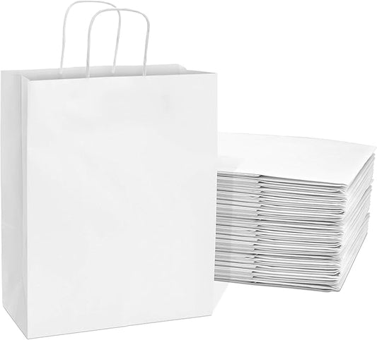 Prime Line Packaging White Gift Bags, Kraft Gift Bags Medium with Handles, Shopping Bags, Small Business, Boutiques, Merchandise, Party Favors, Bulk, 10x5x13, 50 Pack