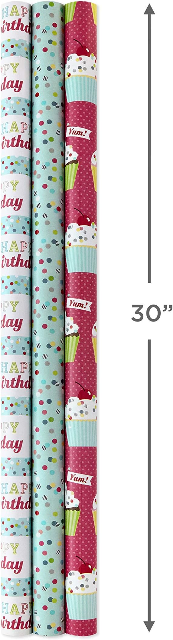 Hallmark Birthday Wrapping Paper Rolls - Colorful Gift Wrap Paper, Flowers, Cupcakes, Striped, Polka Dots (Set of 3 Reversible Rolls: 75 sq. ft. ttl.)